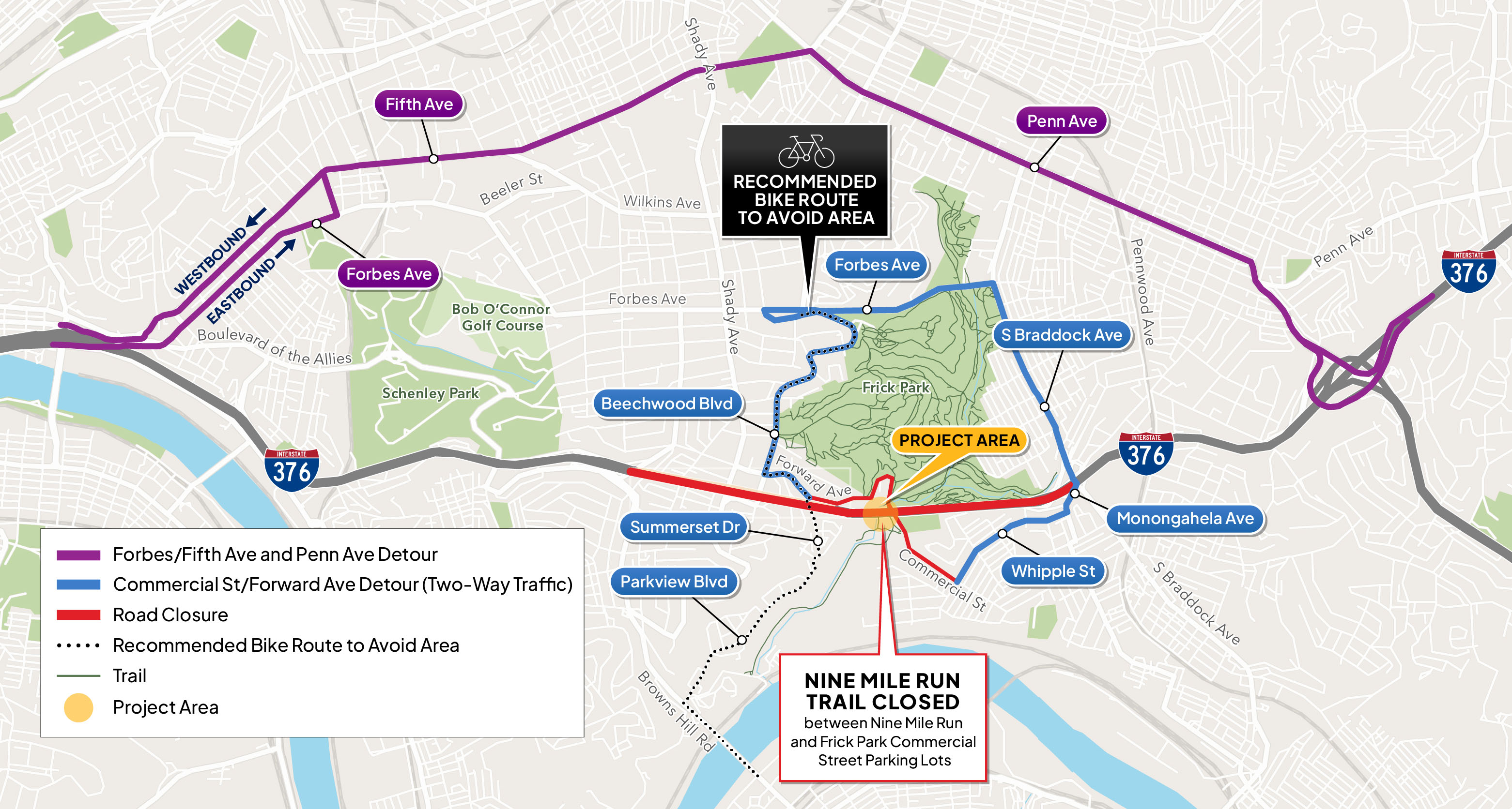 The primary detour route when the Parkway East closes in July is straight through central Oakland. (PennDOT map) Map of detour route